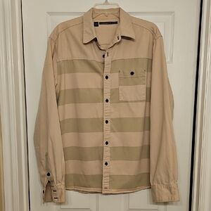 Casual Tan & Sage Green Striped Button-Down Shirt
